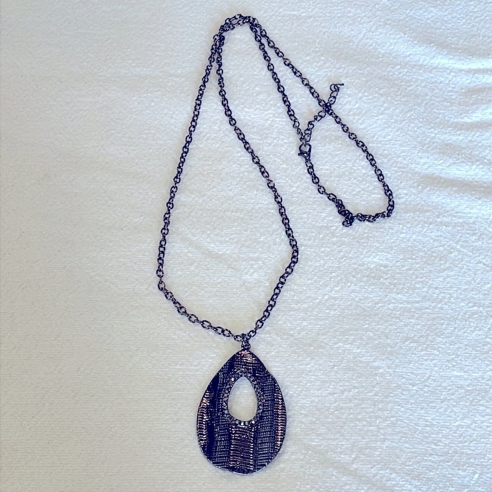 💐5/25 dark silver black open teardrop pendant long necklace